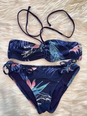 ROXY Navy Tropical Print Bandeau Bikini Medium
